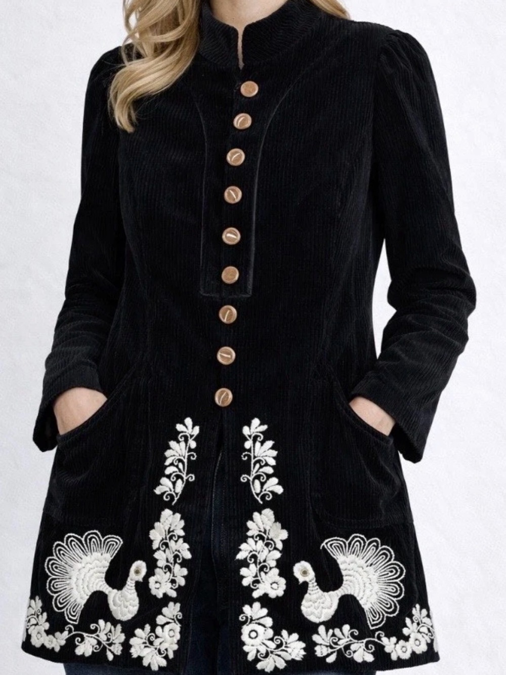 Anthropologie Elevenses Blackbird Embroidered Corduroy Jacket.Pit-pit19.5 (mix47